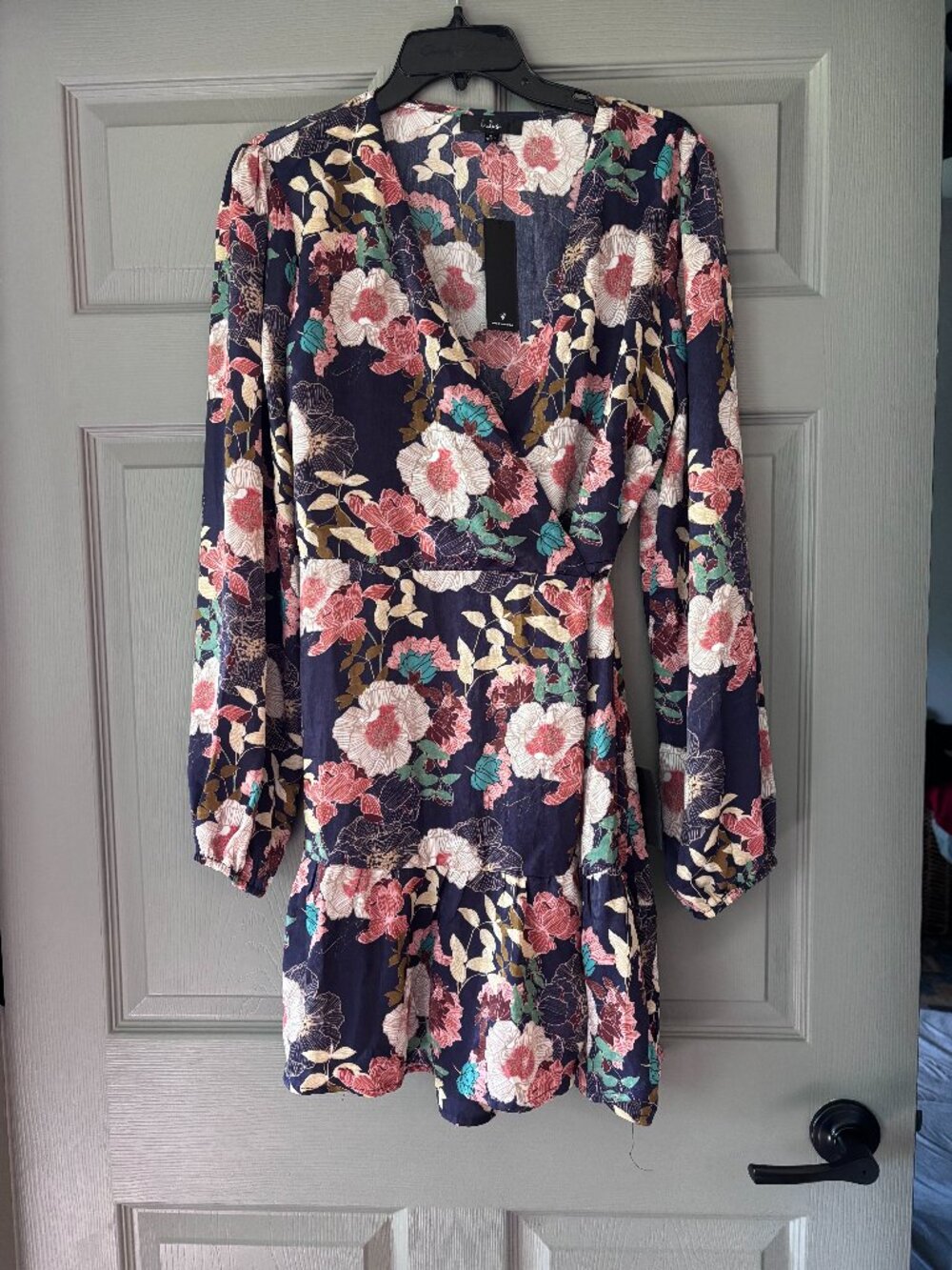 Lulu's So Splendid Navy Blue Floral Satin Long Sleeve Wrap Dress - Size XL - NWT